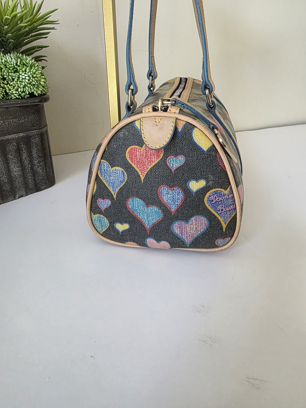 Vintage Dooney & Bourke Crayon Hearts Coated Cotton Bag Coin Purse Set - Picture 7 of 16